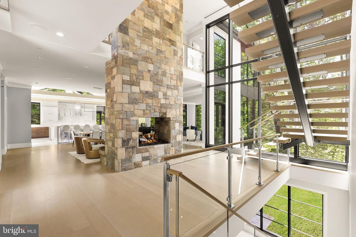 Fireplace, Interior, Recessed Lighting, Stone Walls, Wood Texture Flooring