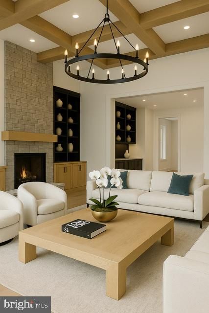 Chandelier, Fireplace, Interior, Living room, Recessed Lighting, Stone Walls, Wooden Beams