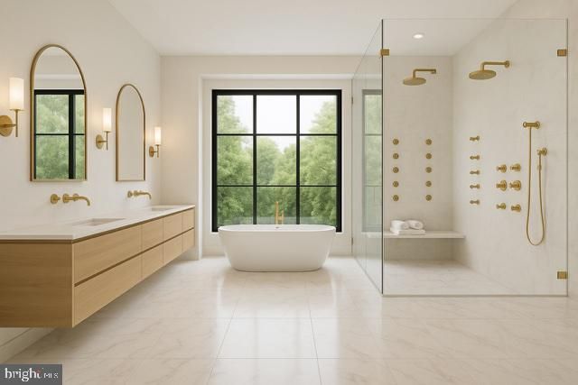 Bathroom, Dual Sink Vanities, Free Standing Baths, Glass Shower, Interior, Marble, Recessed Lighting