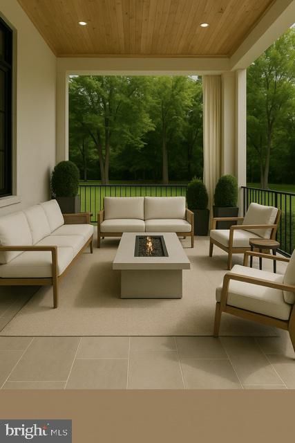 Exterior, Living room, Recessed Lighting, Wooden Ceilings