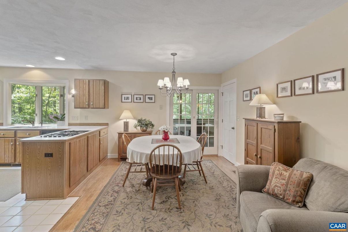 Chandelier, Dining room, Interior, Kitchen, Living room, Recessed Lighting, Wood Texture Flooring