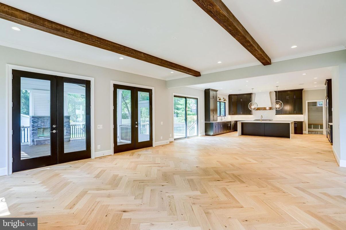 Interior, Kitchen, Recessed Lighting, Stainless Steel Appliances, Wooden Beams, Wood Texture Flooring