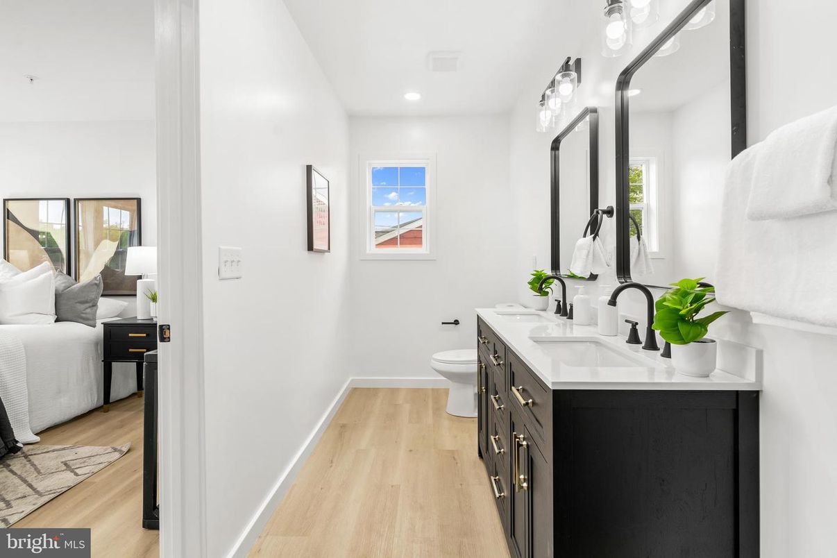 Bathroom, Bedroom, Dual Sink Vanities, Interior, Recessed Lighting, Wood Texture Flooring
