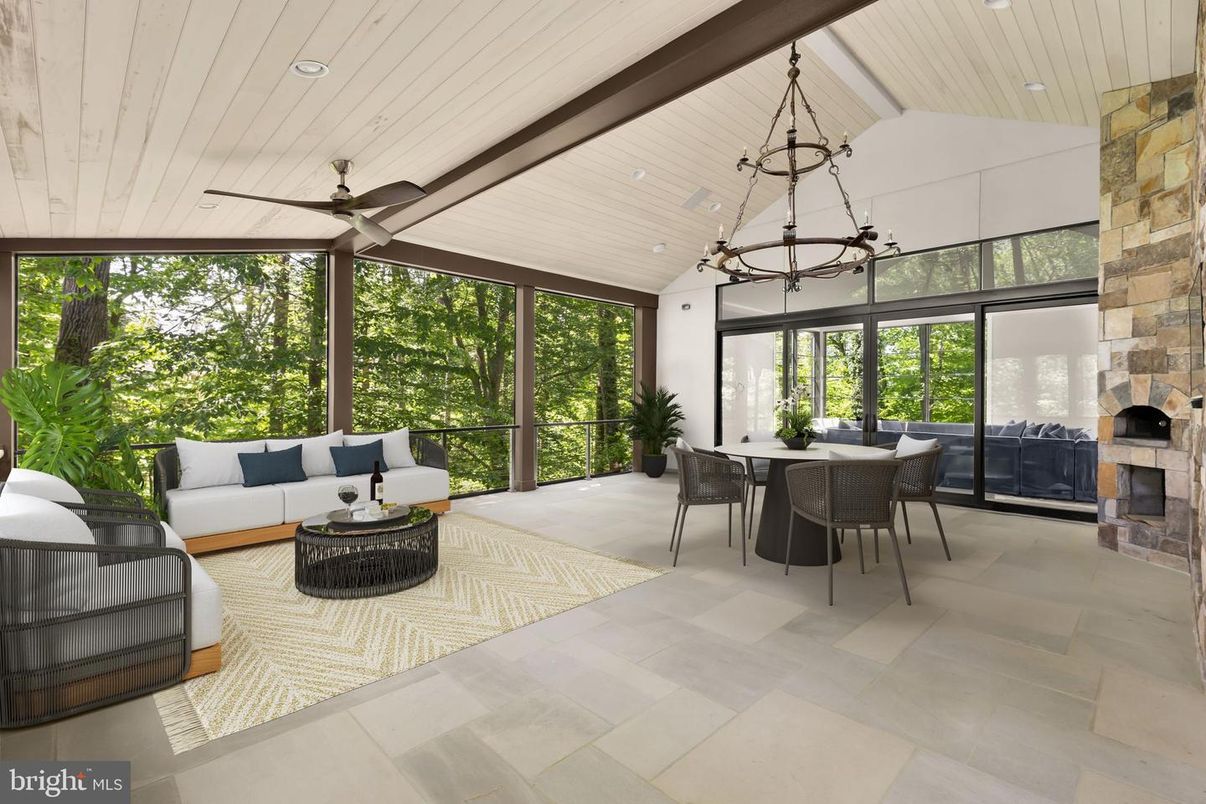 Chandelier, Dining room, Fireplace, Interior, Living room, Pendant Lights, Recessed Lighting, Wooden Ceilings