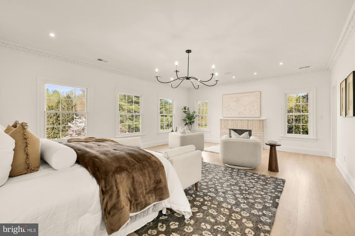 Bedroom, Chandelier, Fireplace, Interior, Recessed Lighting, Wood Texture Flooring