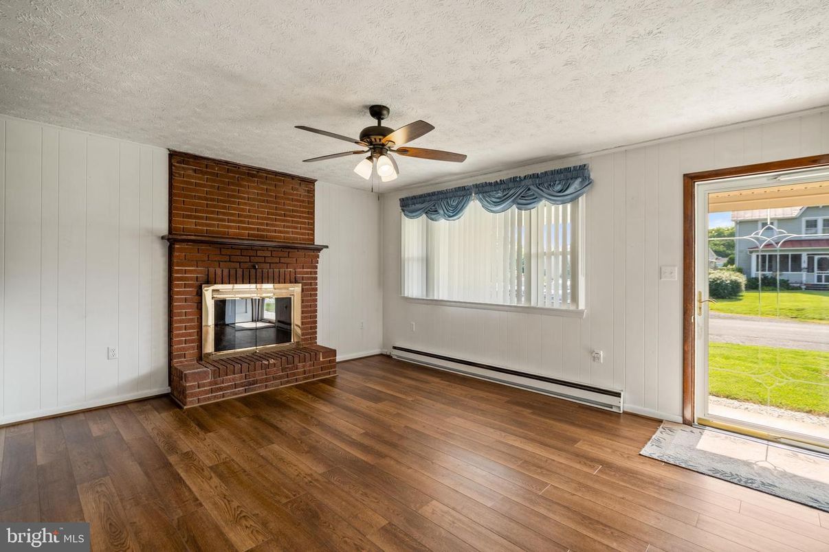 Empty room, Fireplace, Interior, Stone Walls, Wood Texture Flooring