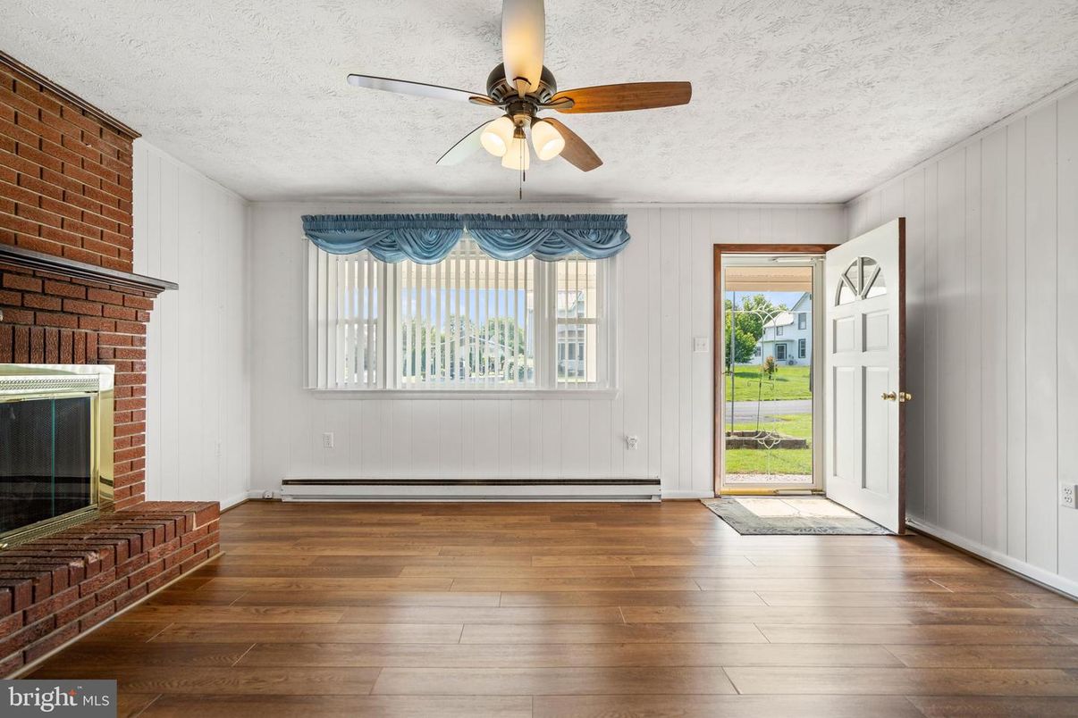 Empty room, Fireplace, Interior, Stone Walls, Wood Texture Flooring