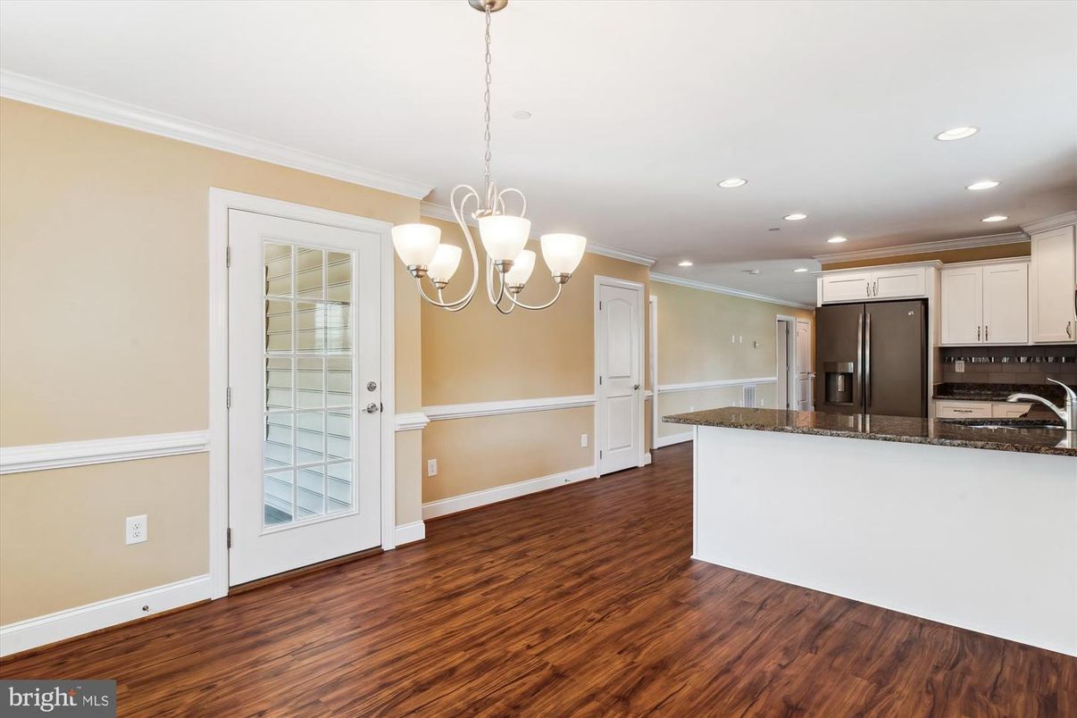 Chandelier, Interior, Kitchen, Recessed Lighting, Stainless Steel Appliances, Wood Texture Flooring