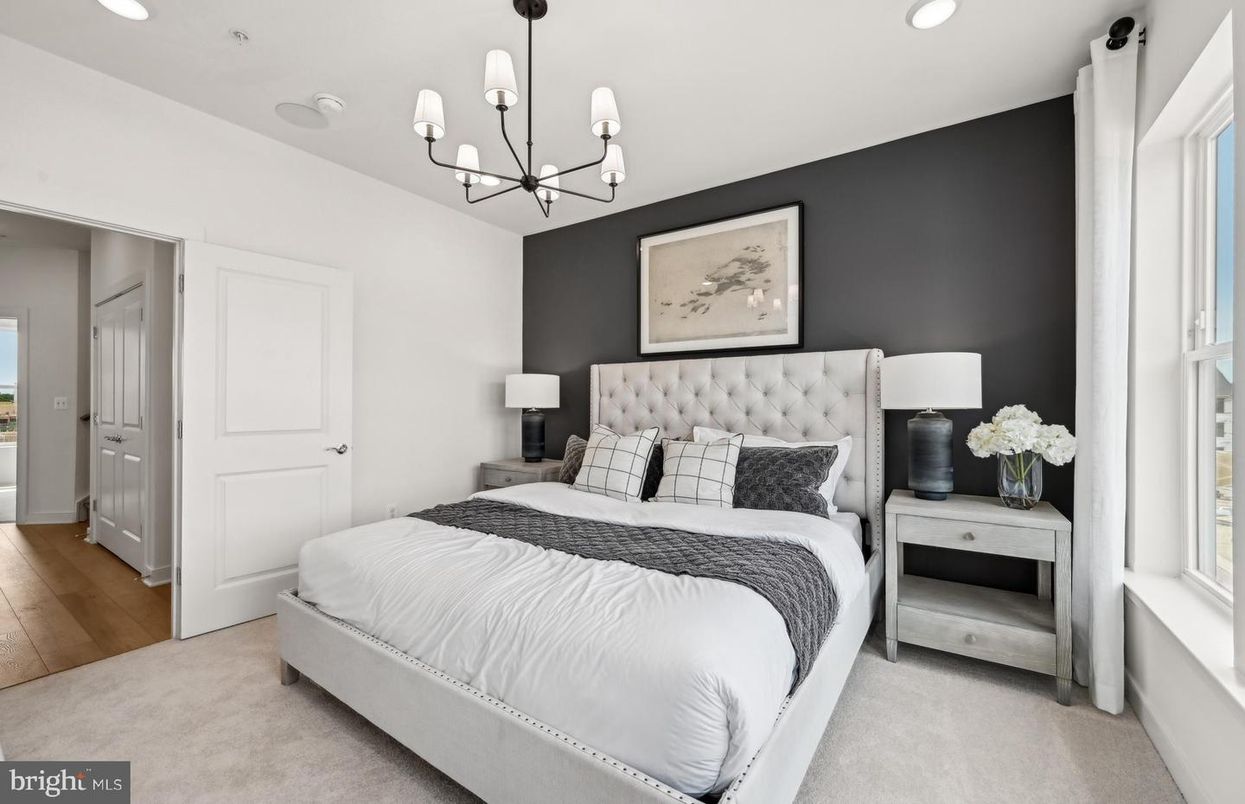 Bedroom, Chandelier, Interior, Recessed Lighting, Wood Texture Flooring