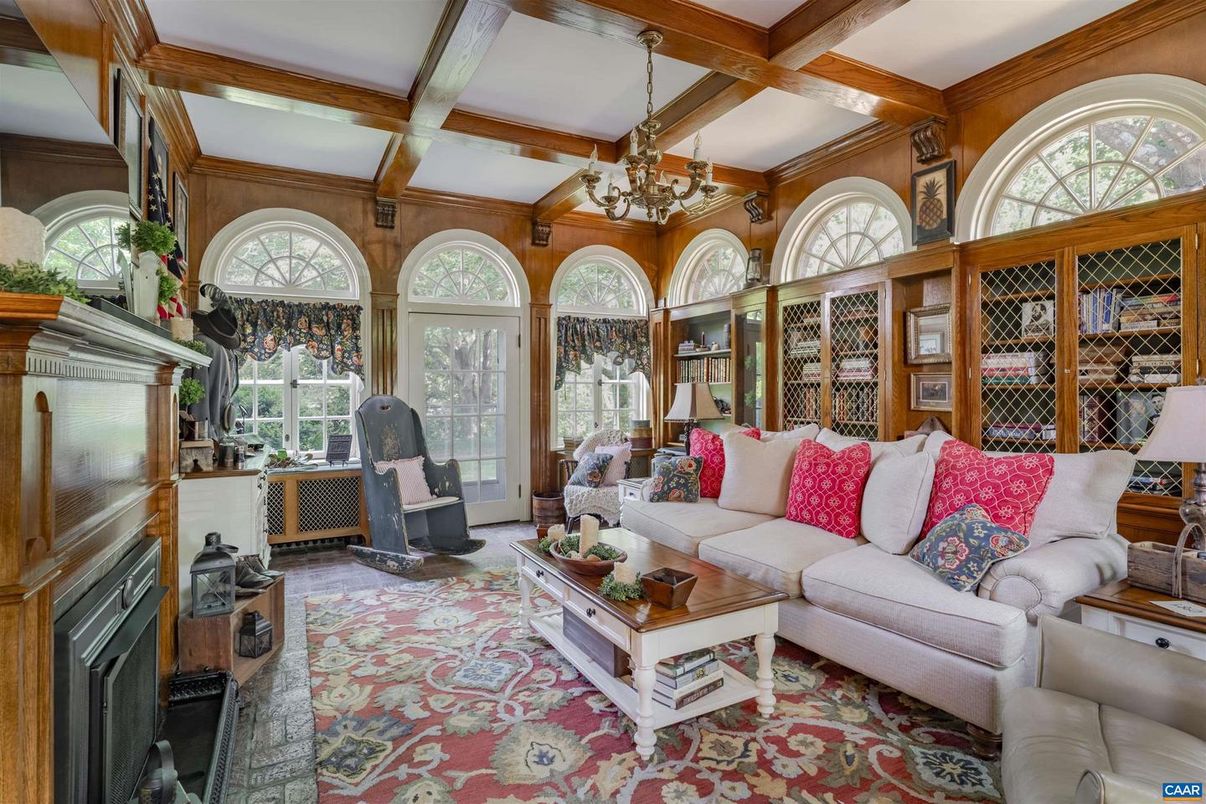 Chandelier, Fireplace, Interior, Living room, Wooden Beams, Wood Texture Flooring