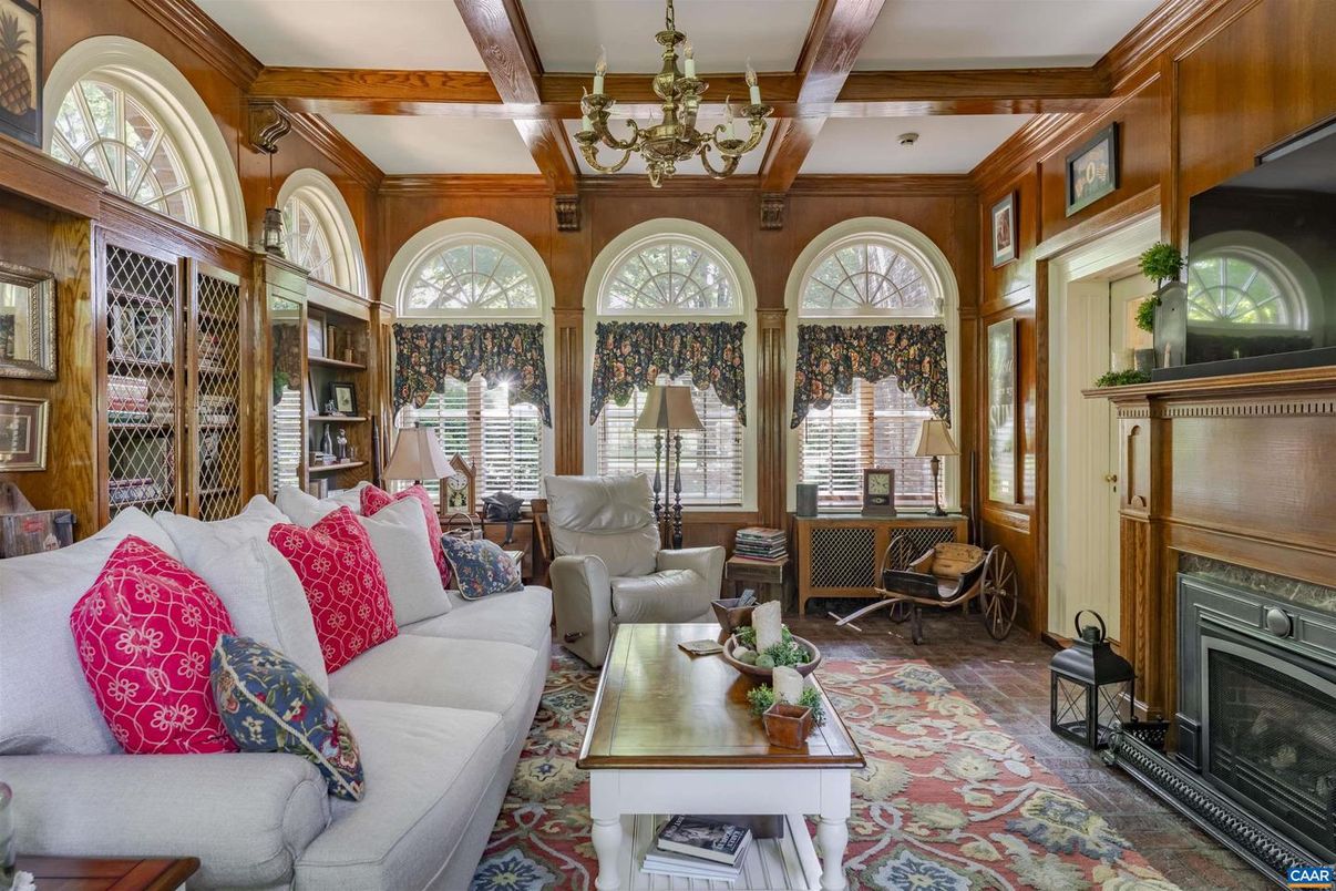 Chandelier, Fireplace, Interior, Living room, Wooden Beams
