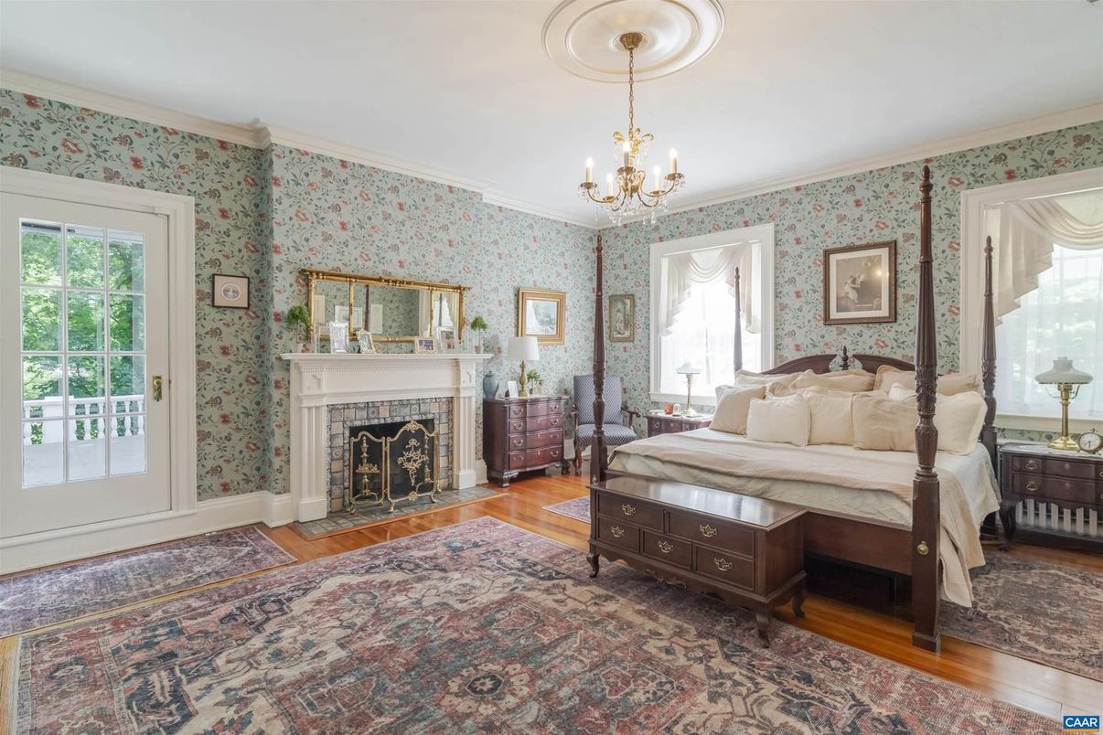 Bedroom, Chandelier, Fireplace, Interior, Wood Texture Flooring