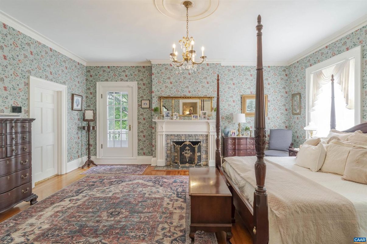 Bedroom, Chandelier, Fireplace, Interior, Wood Texture Flooring