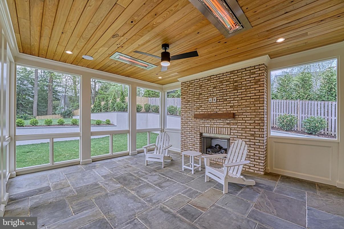 Fireplace, Interior, Recessed Lighting, Stone Walls, Sun Room, Wooden Ceilings