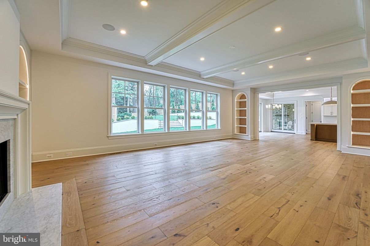 Empty room, Fireplace, Interior, Pendant Lights, Recessed Lighting, Wood Texture Flooring