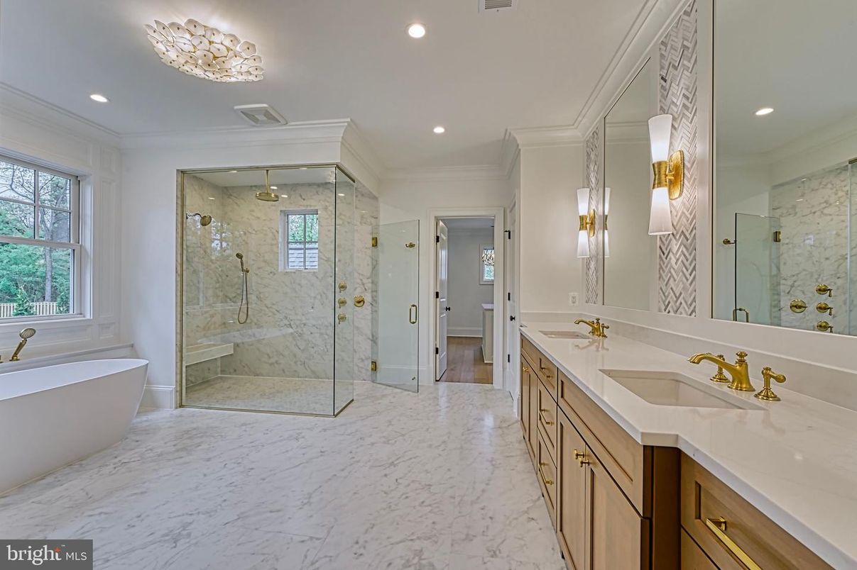 Bathroom, Dual Sink Vanities, Free Standing Baths, Glass Shower, Interior, Marble, Marble Walls, Recessed Lighting