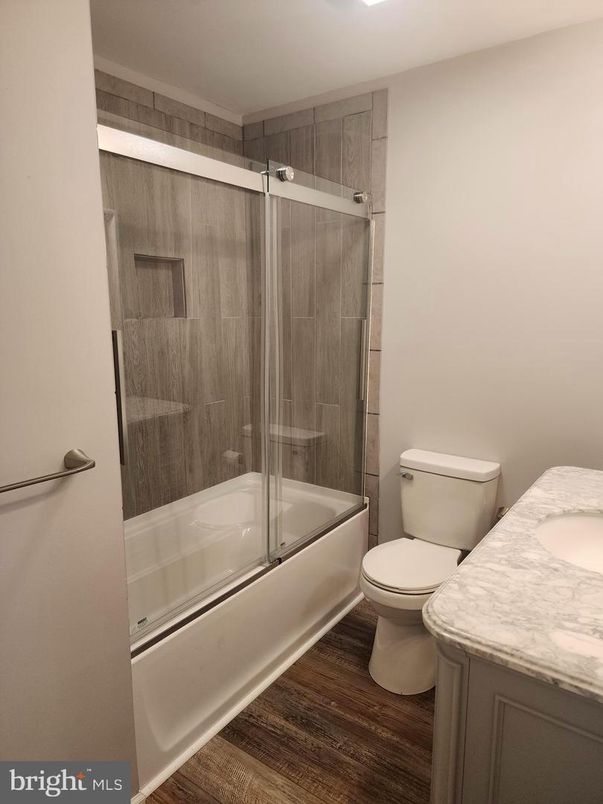 Bathroom, Glass Shower, Interior, Wood Texture Flooring