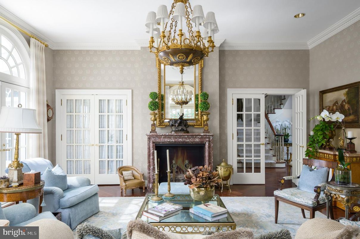 Chandelier, Fireplace, Interior, Living room, Recessed Lighting, Wood Texture Flooring