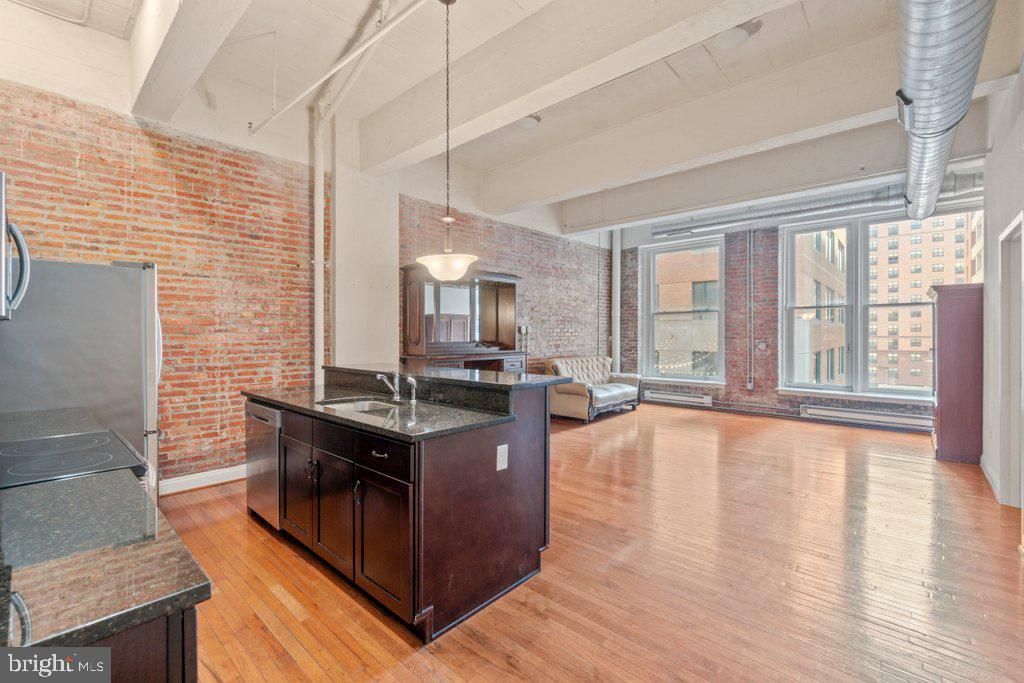 Interior, Kitchen, Pendant Lights, Stone Walls, Wood Texture Flooring