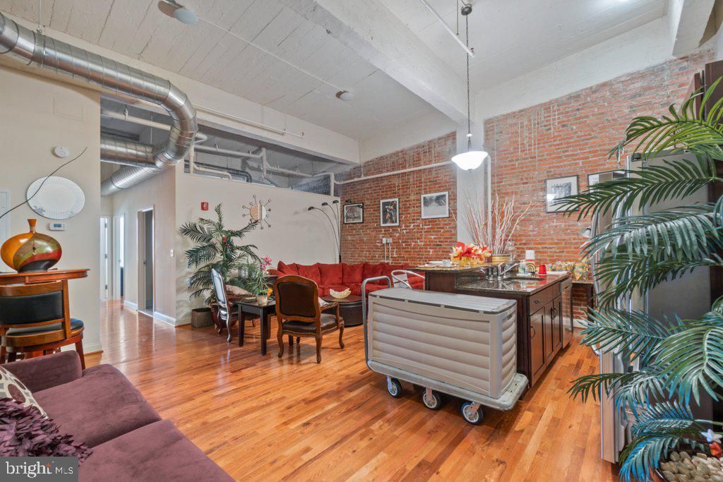 Dining room, Interior, Living room, Pendant Lights, Stone Walls, Wood Texture Flooring