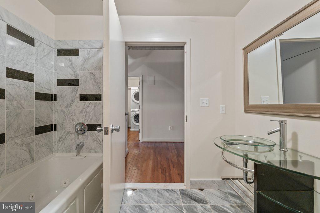 Bathroom, Interior, Marble Walls, Wood Texture Flooring