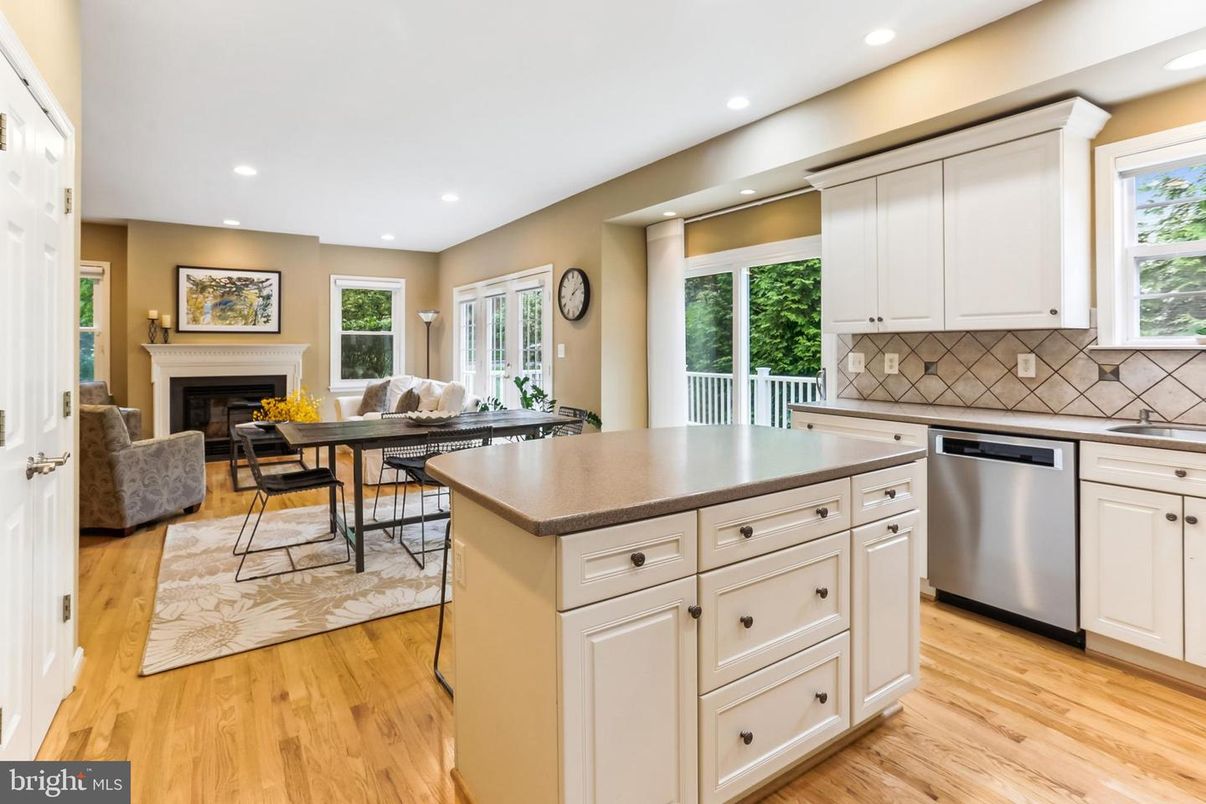 Dining room, Fireplace, Interior, Kitchen, Living room, Recessed Lighting, Wood Texture Flooring