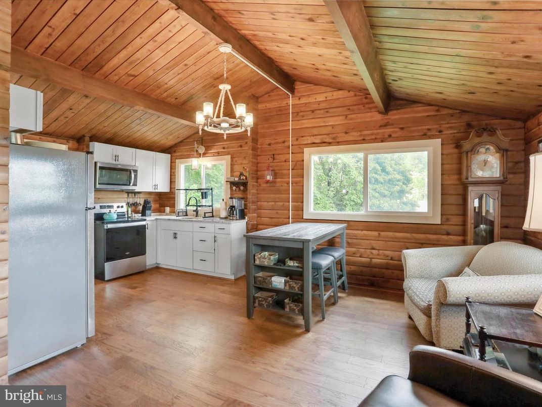 Chandelier, Interior, Kitchen, Stainless Steel Appliances, Wooden Beams, Wooden Ceilings, Wood Texture Flooring, Wooden Walls