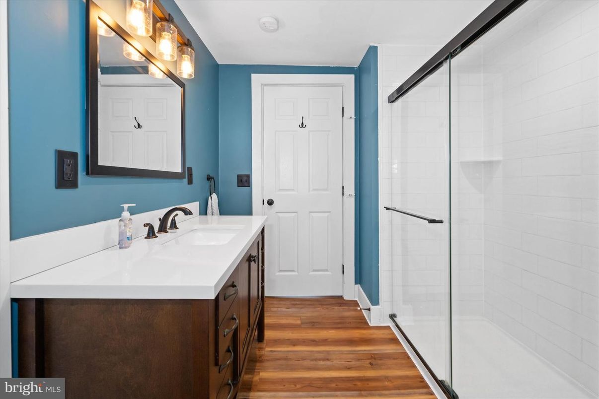 Bathroom, Glass Shower, Interior, Wood Texture Flooring