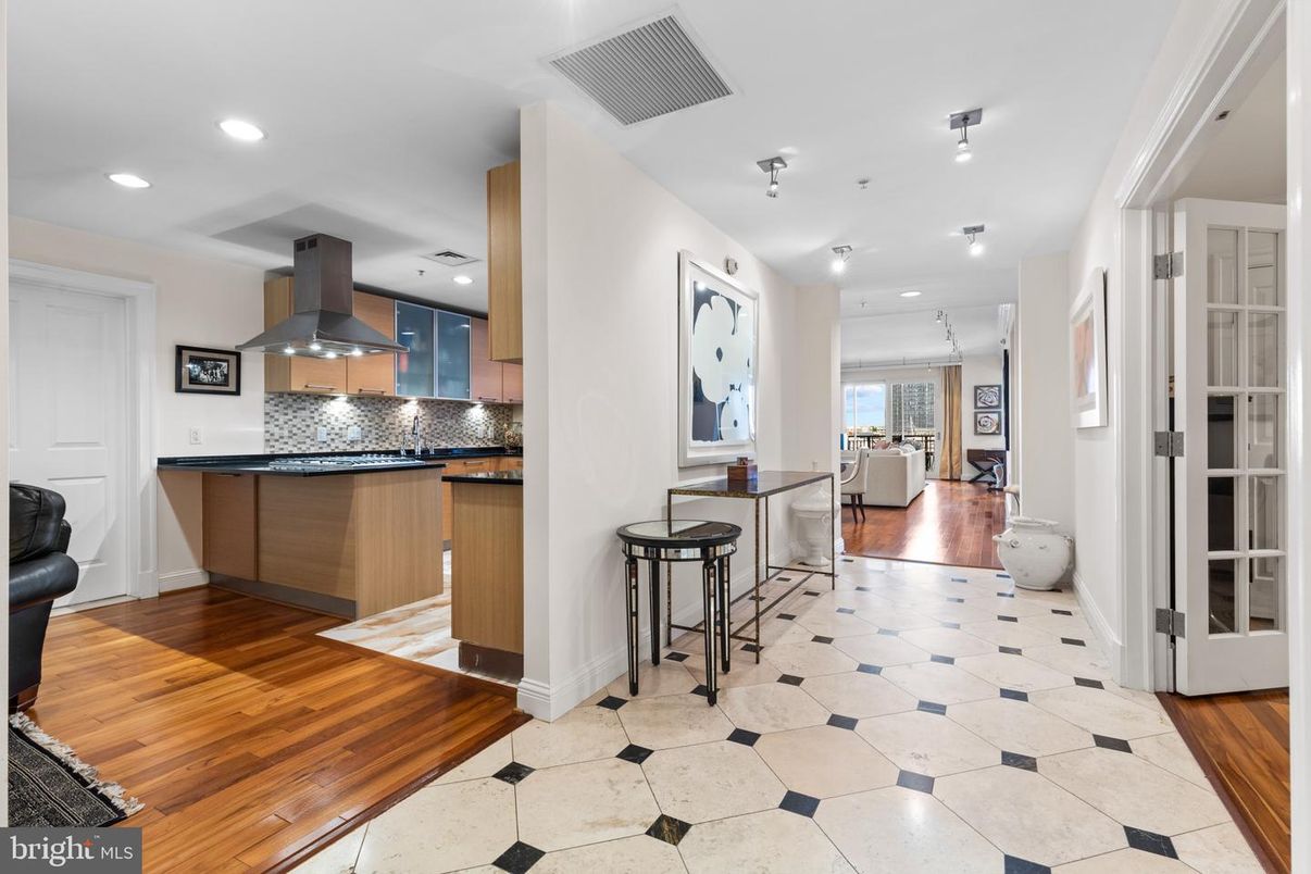 Interior, Kitchen, Living room, Recessed Lighting, Stainless Steel Appliances, Wood Texture Flooring