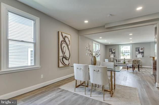 Dining room, Interior, Living room, Recessed Lighting, Wood Texture Flooring