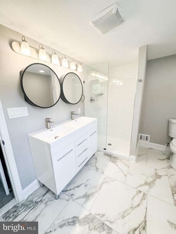 Bathroom, Dual Sink Vanities, Glass Shower, Interior, Marble