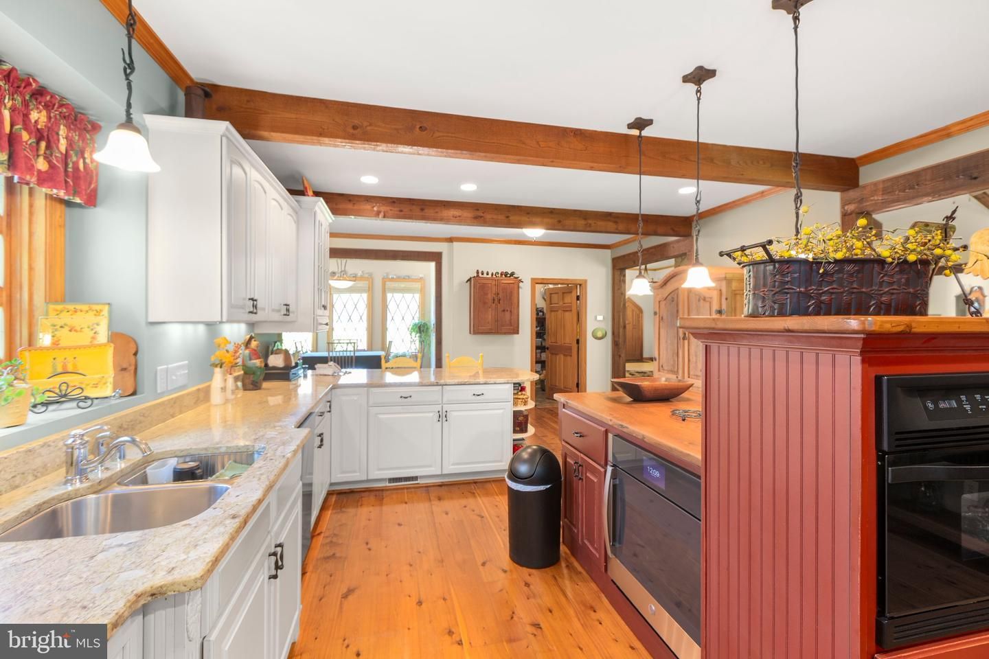 Interior, Kitchen, Pendant Lights, Recessed Lighting, Wooden Beams, Wood Texture Flooring