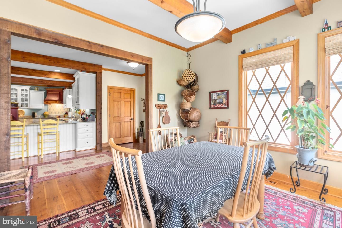 Dining room, Interior, Kitchen, Recessed Lighting, Wooden Beams, Wood Texture Flooring