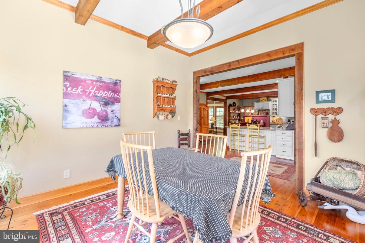 Dining room, Interior, Kitchen, Pendant Lights, Wooden Beams, Wood Texture Flooring