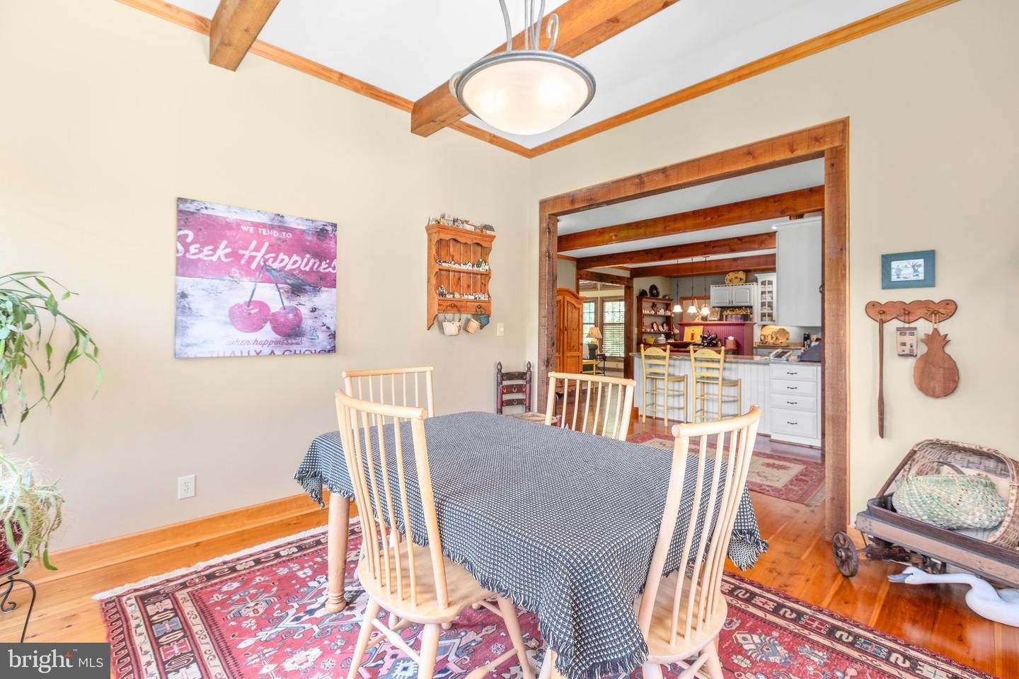 Dining room, Interior, Kitchen, Pendant Lights, Wooden Beams, Wood Texture Flooring
