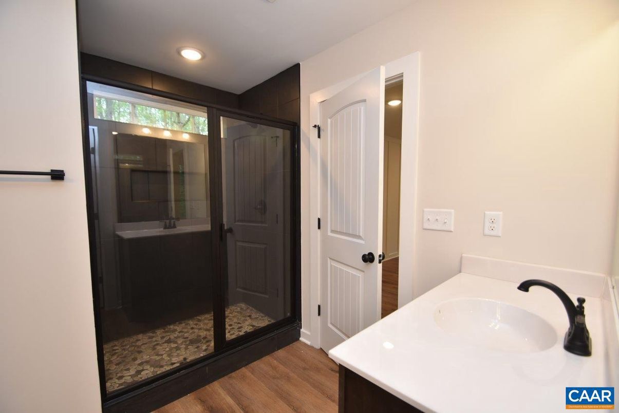 Bathroom, Glass Shower, Interior, Recessed Lighting, Wood Texture Flooring