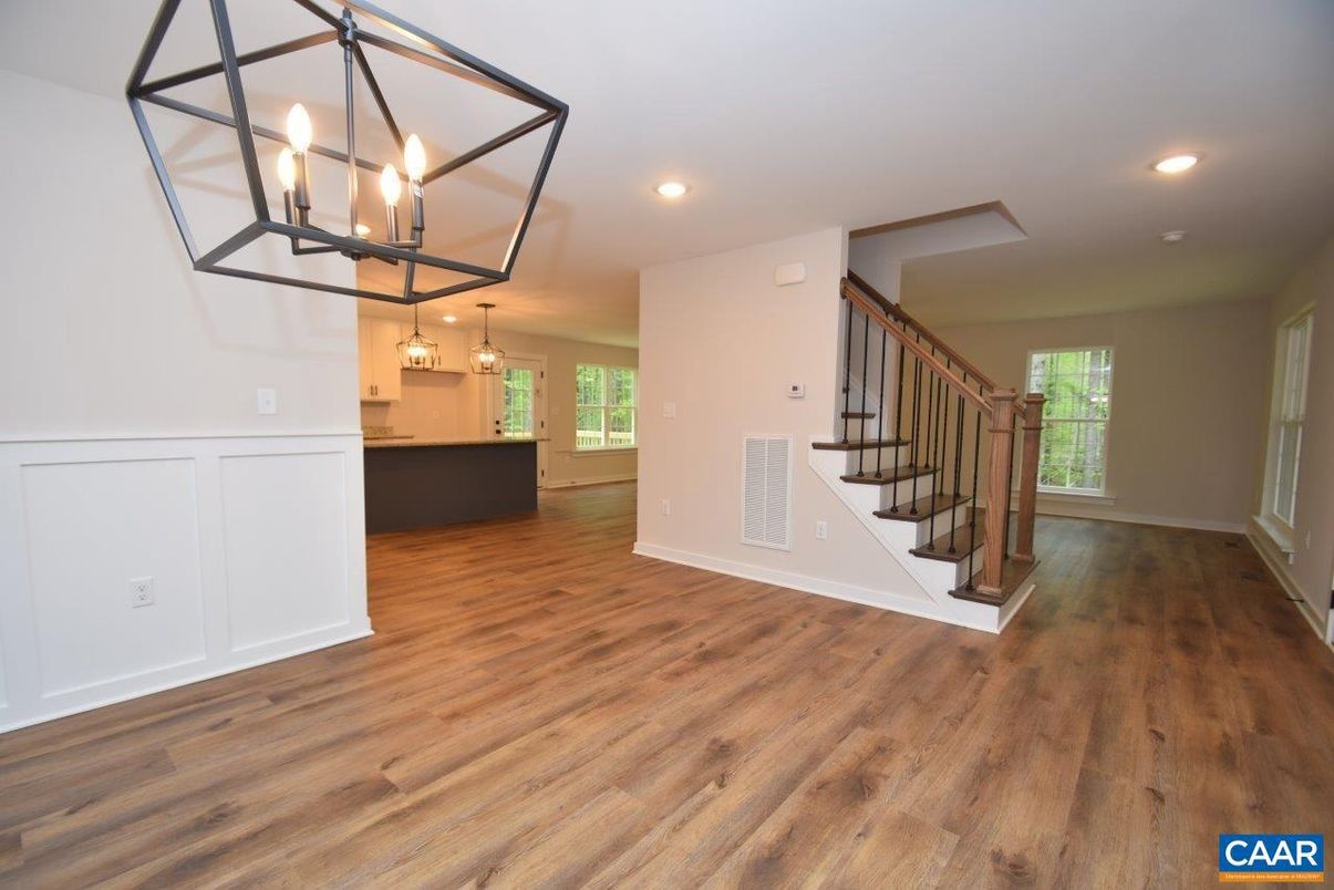 Empty room, Interior, Pendant Lights, Recessed Lighting, Wood Texture Flooring