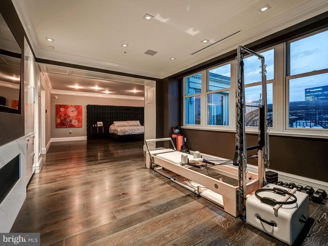 Bedroom, Fireplace, Interior, Recessed Lighting, Wood Texture Flooring