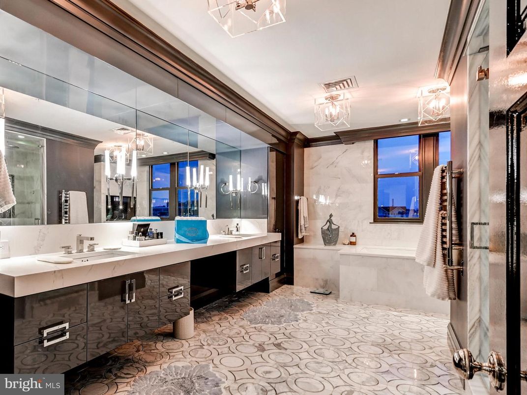 Bathroom, Dual Sink Vanities, Glass Shower, Interior, Marble Walls, Recessed Lighting
