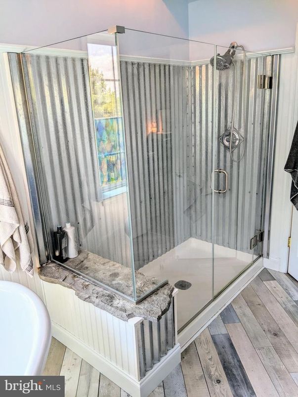 Bathroom, Glass Shower, Interior, Wood Texture Flooring