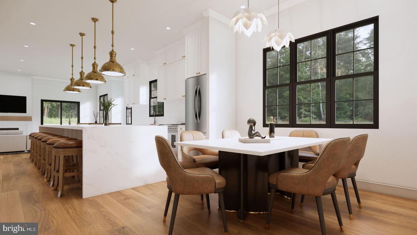Dining room, Interior, Kitchen, Pendant Lights, Recessed Lighting, Wood Texture Flooring