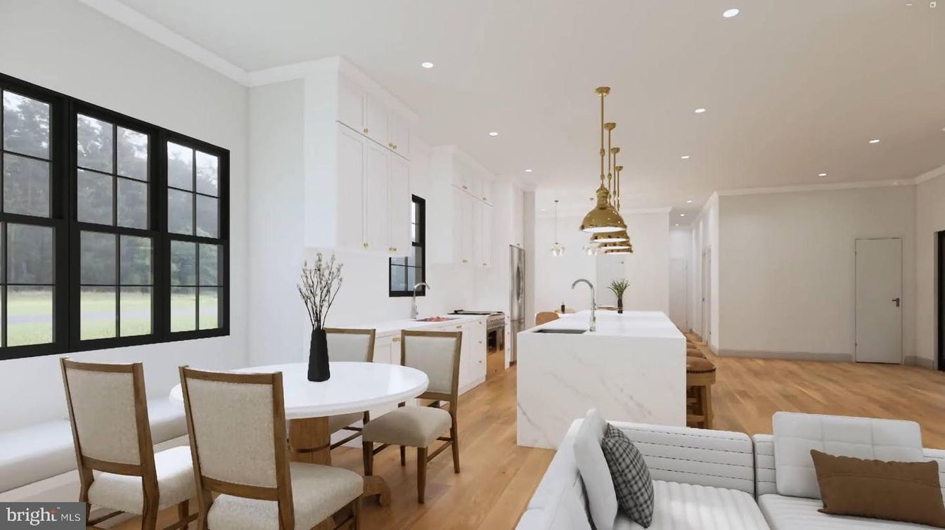 Dining room, Interior, Kitchen, Pendant Lights, Recessed Lighting, Wood Texture Flooring
