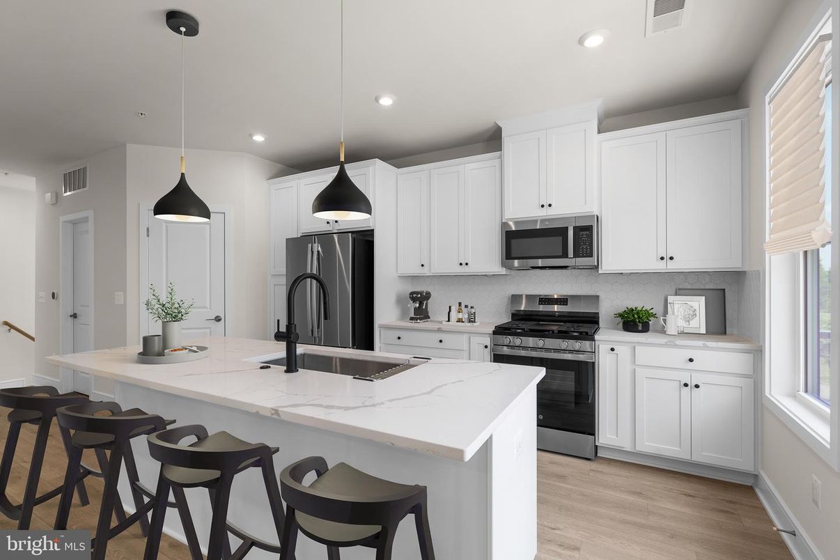 Interior, Kitchen, Pendant Lights, Recessed Lighting, Stainless Steel Appliances, Wood Texture Flooring