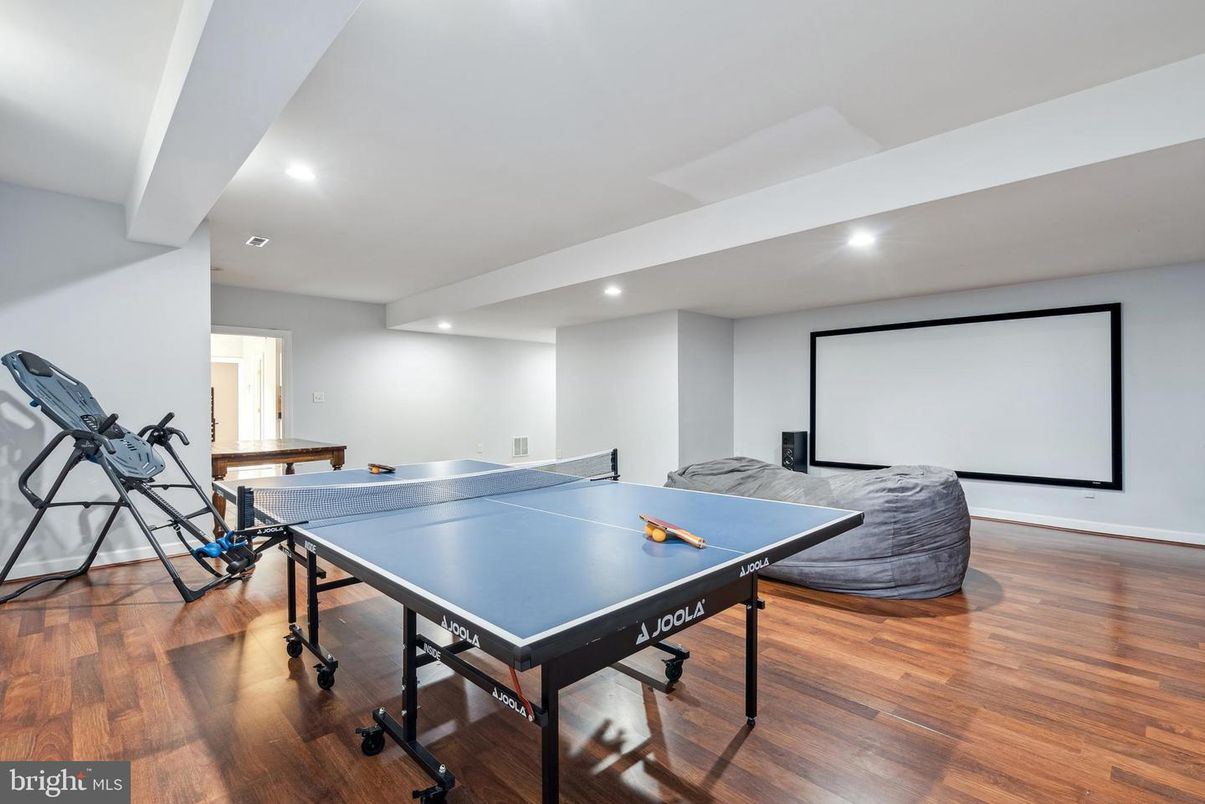 Game Room, Interior, Projection Screen, Recessed Lighting, Wood Texture Flooring