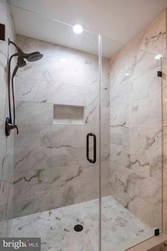 Bathroom, Glass Shower, Interior, Marble Walls, Recessed Lighting