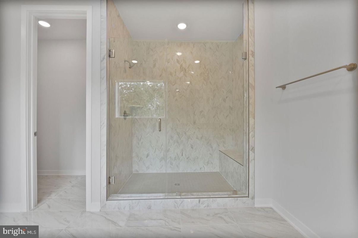 Bathroom, Glass Shower, Interior, Marble, Marble Walls, Recessed Lighting