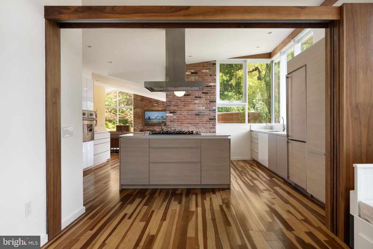 Interior, Kitchen, Recessed Lighting, Stainless Steel Appliances, Stone Walls, Wood Texture Flooring