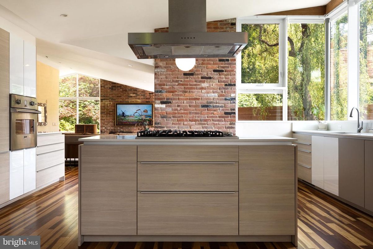 Interior, Kitchen, Recessed Lighting, Stainless Steel Appliances, Stone Walls, Wood Texture Flooring