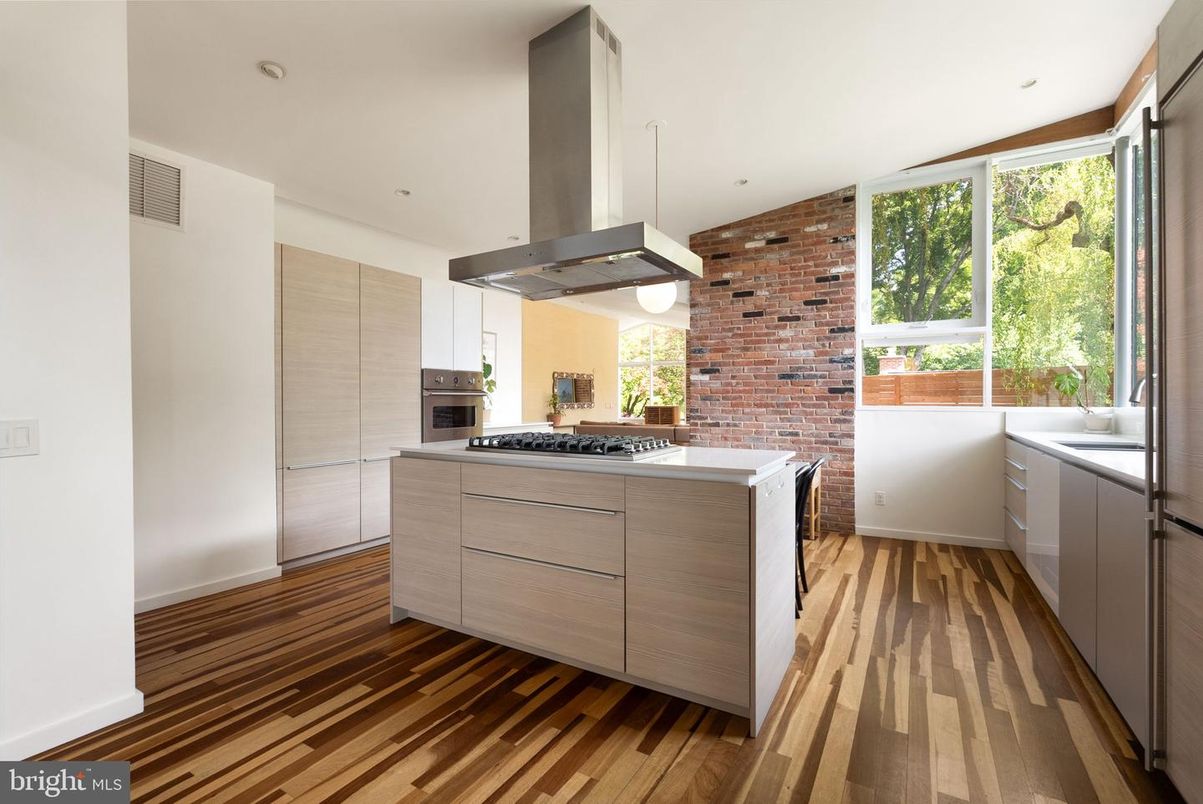 Interior, Kitchen, Pendant Lights, Recessed Lighting, Stainless Steel Appliances, Stone Walls, Wood Texture Flooring