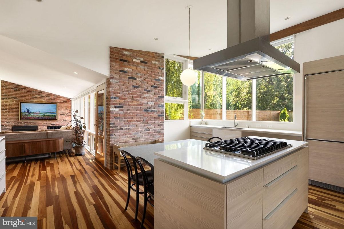 Interior, Kitchen, Pendant Lights, Recessed Lighting, Stainless Steel Appliances, Stone Walls, Wood Texture Flooring
